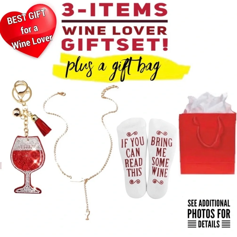 Rhinestone Wine Purse Charm Keychain, Gold Lariat Wine Necklace, Wine Socks &